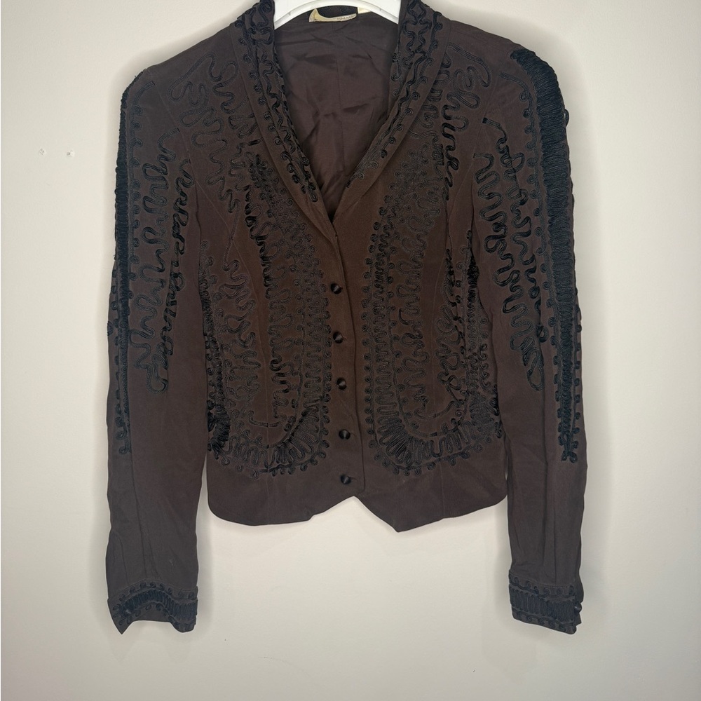 Dana Buchman Dark Brown Silk Top with Black Embroidery